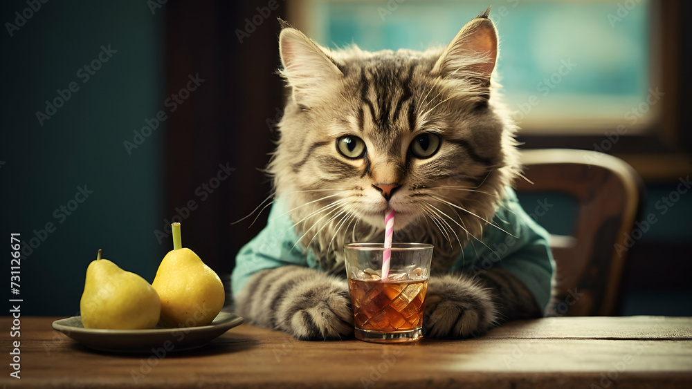 cute cat drinking with a straw