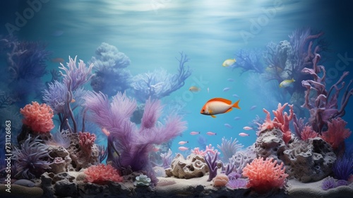 Create an underwater scene with fish and coral, where the coral formations resemble musical instruments.