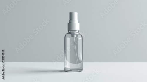 a blank gray face mist bottle on a solid white background, with a pump and a mist effect. 