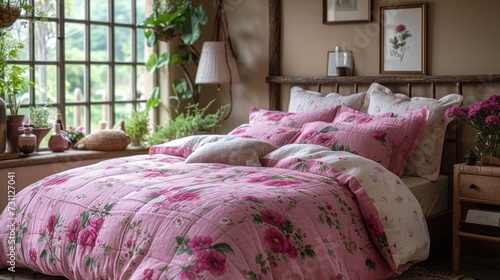 a bed covered in a pink flowered comforter next to a window with a potted plant next to it.
