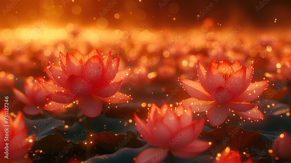 a field full of red water lilies with the sun shining in the backgroup of the picture. a field full of red water lilies with the sun shining in the backgroup of the picture.
