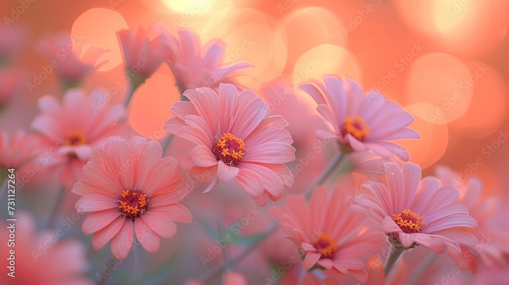 a bunch of pink flowers that are blooming in a field with a boke of light in the background. a bunch of pink flowers that are blooming in a field with a boke of light in the background.