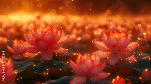 a field full of red water lilies with the sun shining in the backgroup of the picture. photo