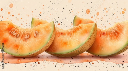 a group of slices of watermelon sitting on top of a pink counter top next to a splash of orange paint. photo