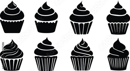Cupcake silhouettes set. Cake muffin silhouettes vector illustrations