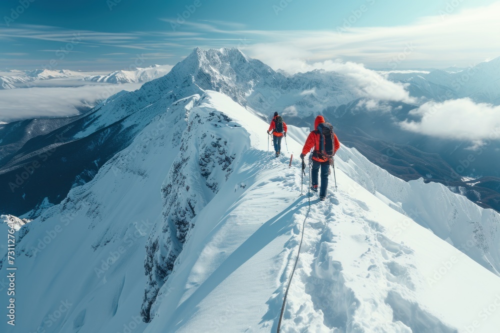 Two People Walking Up the Side of a Snow Covered Mountain