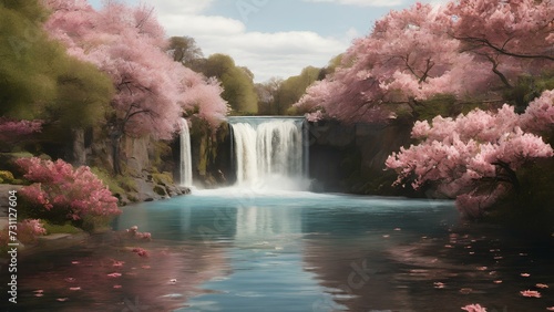 A photograph of a waterfall with a lake of water in the middle and flowering trees around it  