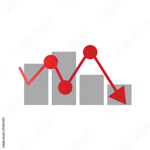 Chart with red down arrow isolated on white artboard. Falling growth in business.