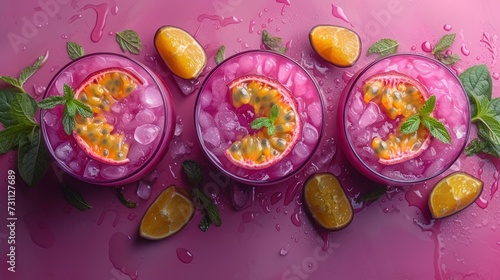 three glasses filled with fruit and garnish sitting on top of a pink surface next to limes and oranges. photo