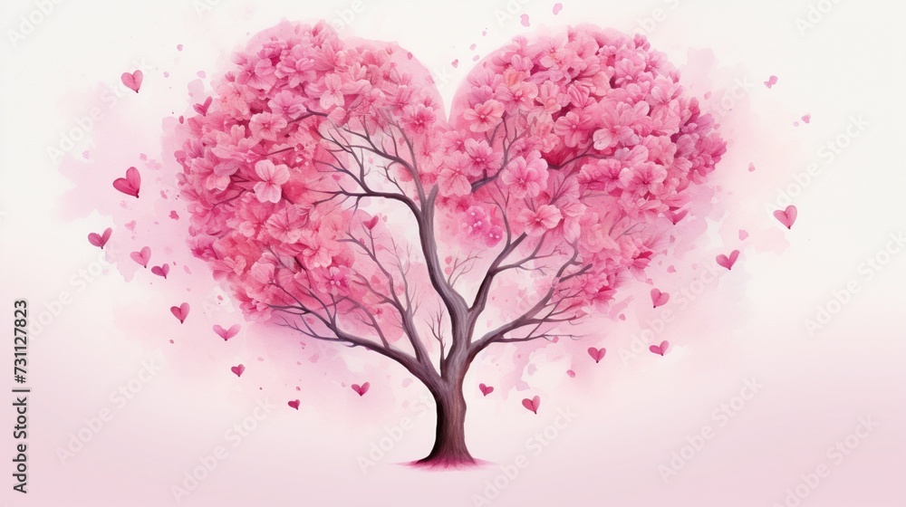 Fototapeta premium Craft a calendar page for February with a close-up of a heart-shaped tree covered in pink blossoms.