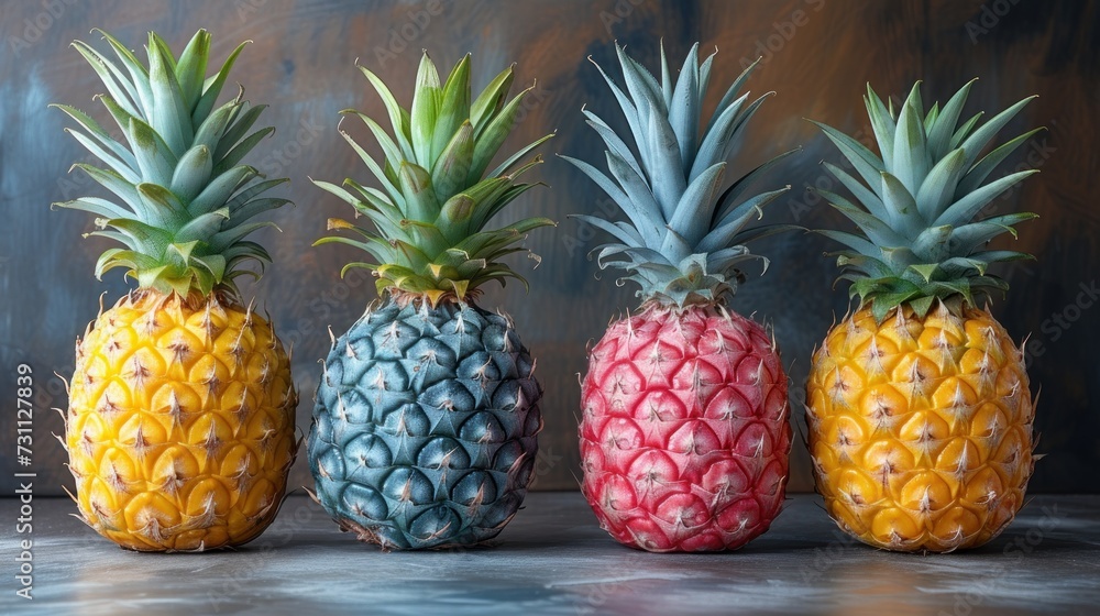 a group of three pineapples sitting next to each other on top of a counter top next to each other. a group of three pineapples sitting next to each other on top of a counter top next to each other.