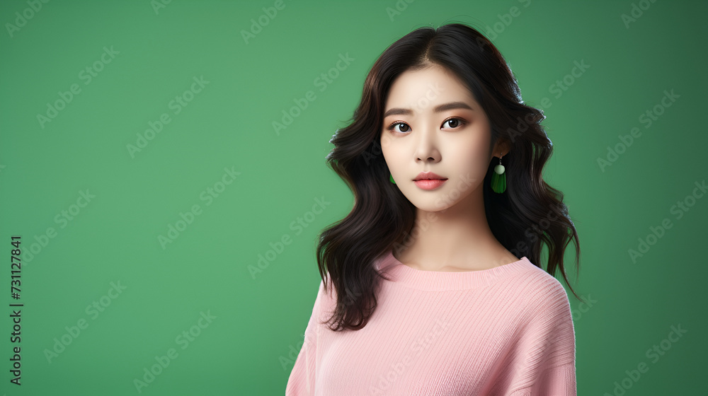 portrait of a young woman in the pink sweater and green earrings on the green background - obrazy, fototapety, plakaty 