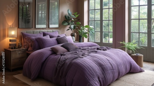 a bed with a purple comforter and pillows in front of a window with a potted plant next to it. photo