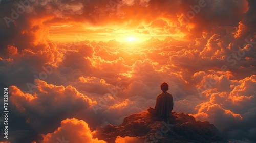 a person sitting on top of a rock in the middle of a cloudy sky with the sun in the distance. © Nadia