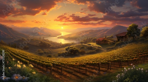 Create a personalized calendar for April with a scenic view of a tranquil vineyard at sunset.