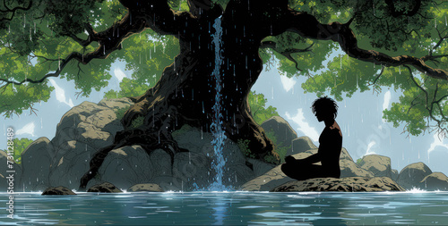 a person sitting on a rock in front of a tree next to a body of water with a waterfall coming out of it.