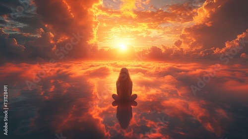 a person standing in the middle of a large body of water with the sun setting in the sky behind them.