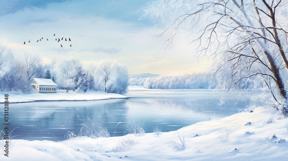 Design a calendar page for December with a winter wonderland scene of snow-covered trees and a frozen lake. - obrazy, fototapety, plakaty 