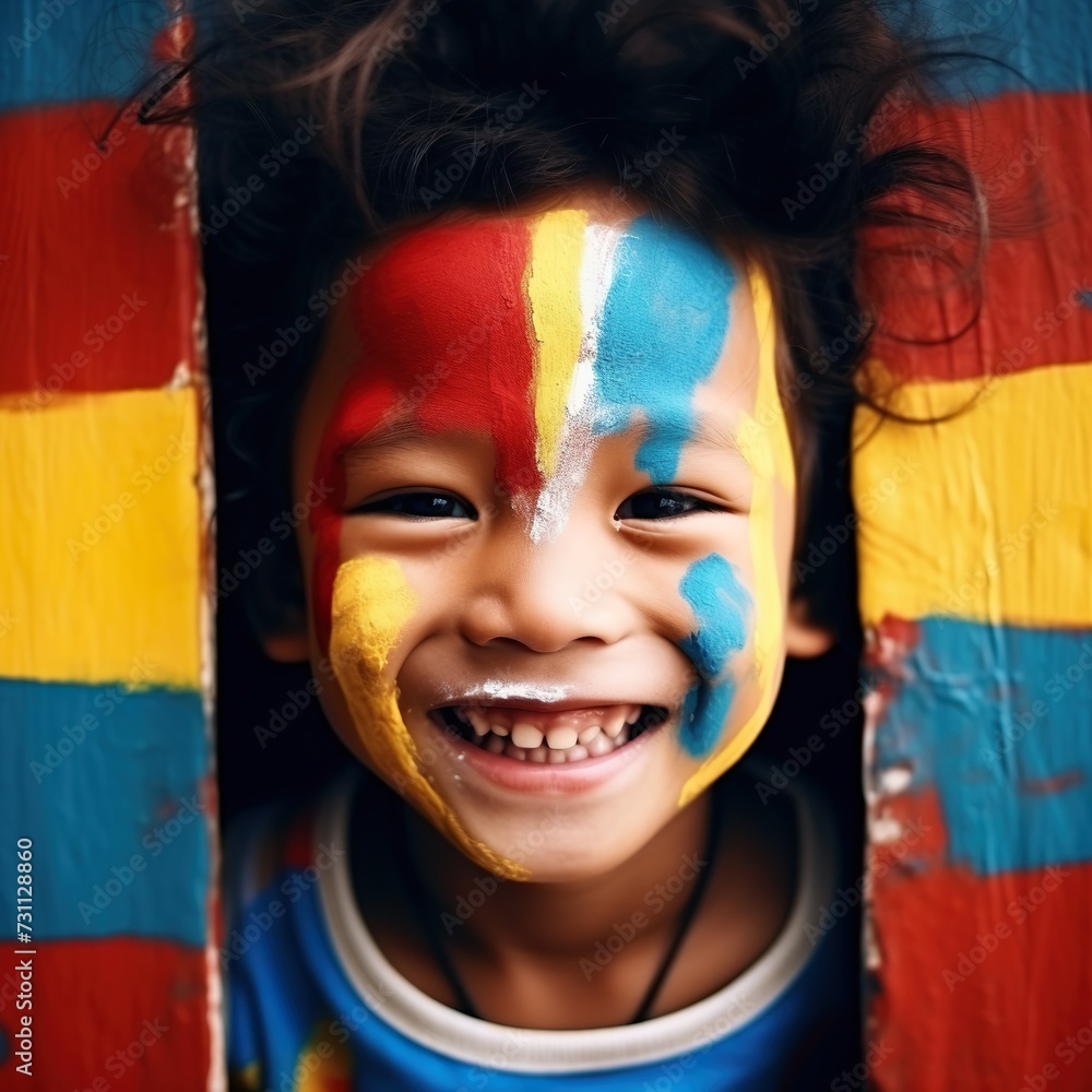 Obraz premium Happy kid closeup playing with national colors of colombia