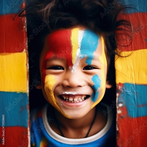 Happy kid closeup playing with national colors of colombia  