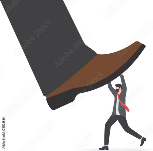 Unfair competition, Conflict or employee fight concept. Small businessmen trying to push back giant bosses or competitor big feet.

