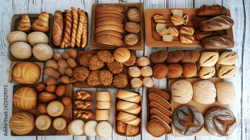 Assorted pastry and bread arranged on tray selling at bakery shop.