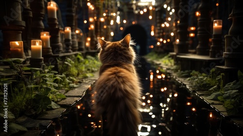 a cat sitting in the middle of a garden filled with lots of lit candles and looking up at the sky.