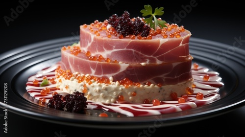 a close up of a plate of food with a cake in the middle of it with toppings on it.