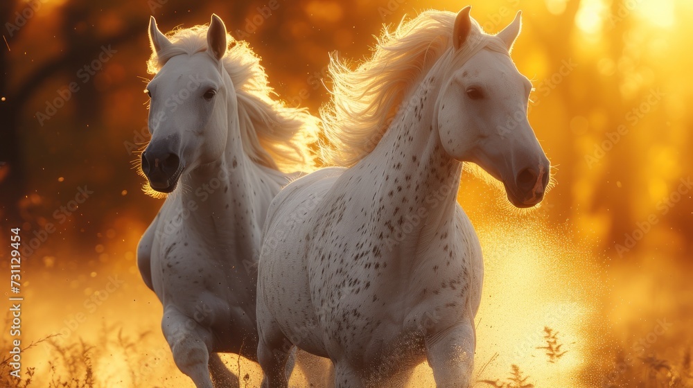 two white horses running in a field of tall grass with the sun shining through the trees in the back ground. two white horses running in a field of tall grass with the sun shining through the trees in the back ground.