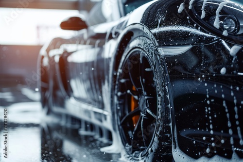 Professional Car Wash black Sport car with Shampoo close-up © Denis