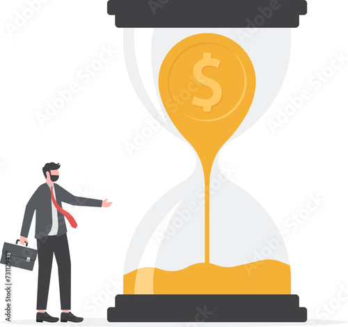 Money in sandglass.Businessman lose his money losing time.Business ideas, sand up time, and earn a little bit of money. Compare the time without benefit or waste of time

