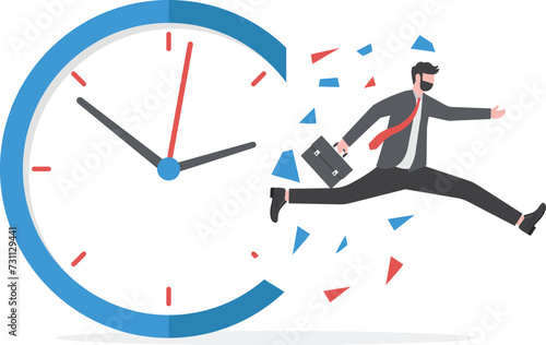 Businessman breaking a clock face running for a profit.. time is money, competition, move and faster concepts. business concept illustration, time, design, hour, career, competition, determination, ru