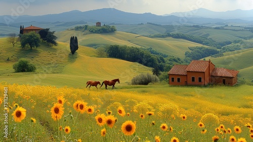two horses graze in a field of sunflowers in front of a house with mountains in the background. photo
