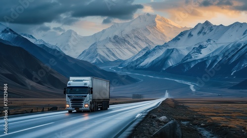 A single truck seen head-on while driving on the road, framed by distant mountain scenery. photo