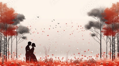 a man and a woman standing in a field of flowers and trees with birds flying in the sky above them. photo