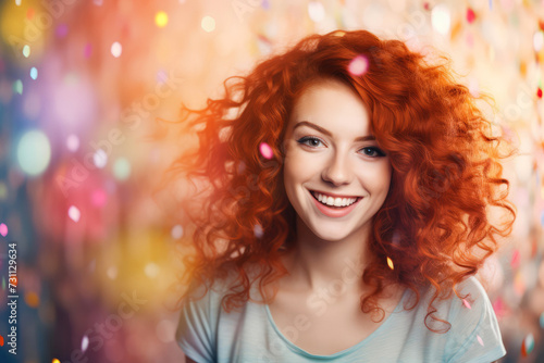 Caucasian redhead young woman smiling looking at camera over abstract banner multicolored sparkling rainbow particles crystal bokeh background. Party femininity. Festive decoration copy space