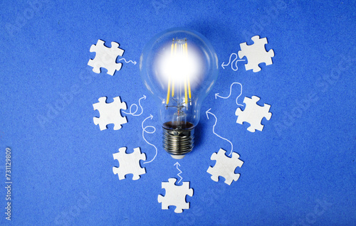 Business concept,collaboration,cooperation,teamwork, innovation,human resources,recruitment,team building with jigsaw puzzle pieces and lightbulb