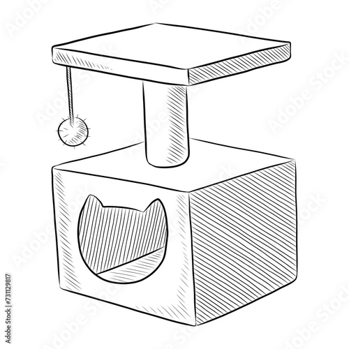 BLACK AND WHITE VECTOR DRAWING OF A HOUSE FOR A CAT WITH A SCRATCHING POST