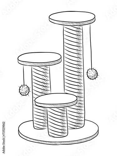 BLACK AND WHITE VECTOR DRAWING OF A THREE-LEVEL SCRATCHING POST