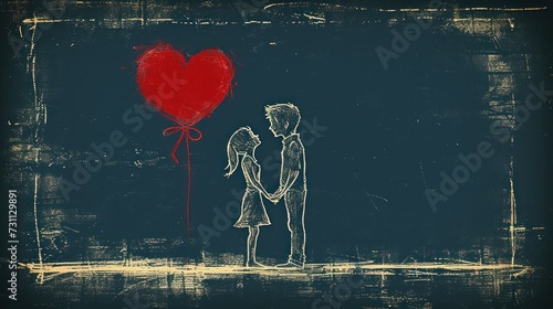 a drawing of a man holding a woman's hand with a heart shaped balloon attached to the back of it. photo