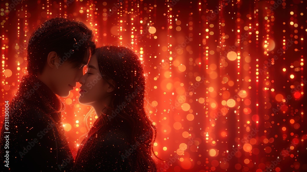 a man and a woman kissing in front of a red background with lots of small circles of lights on it. a man and a woman kissing in front of a red background with lots of small circles of lights on it.