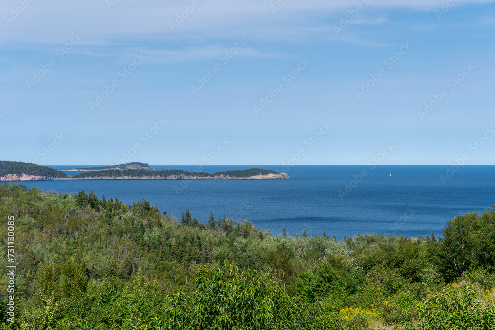The Cabot Trail, a scenic highway on Cape Breton Island in Nova Scotia, Canada. Rugged coastline in the Cape Breton Highlands and the Cape Breton Highlands National Park.