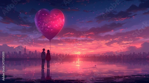 a man and a woman standing in front of a heart shaped balloon over a body of water with a city skyline in the background.