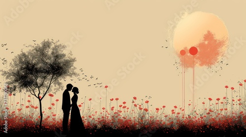 a silhouette of a man and a woman standing in a field of poppies with a tree in the background. photo