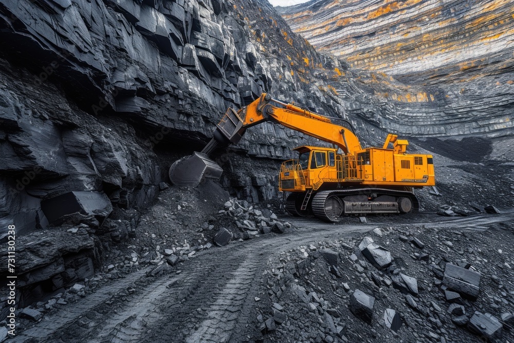 A Yellow Bulldozer Digging Through a Coal Mine A Yellow Bulldozer Digging Through a Coal Mine