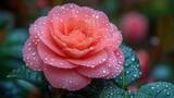 a close up of a pink rose with water droplets on it's petals and a green leafy background.