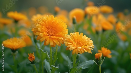 a bunch of yellow flowers that are blooming in a field with water droplets on the petals of the flowers.