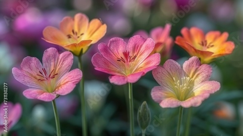 a group of pink and yellow flowers in a field of purple and yellow flowers in a field of purple and yellow flowers. photo