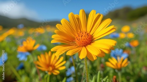 a close up of a yellow flower in a field of blue and yellow flowers with a blue sky in the background. photo