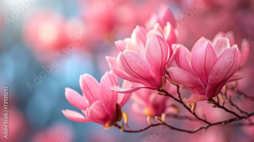 a bunch of pink flowers are blooming on a tree branch in front of a blue and pink blurry background.